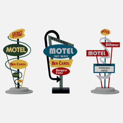 Three Retro Motel Roadside Sign Models 3D Model