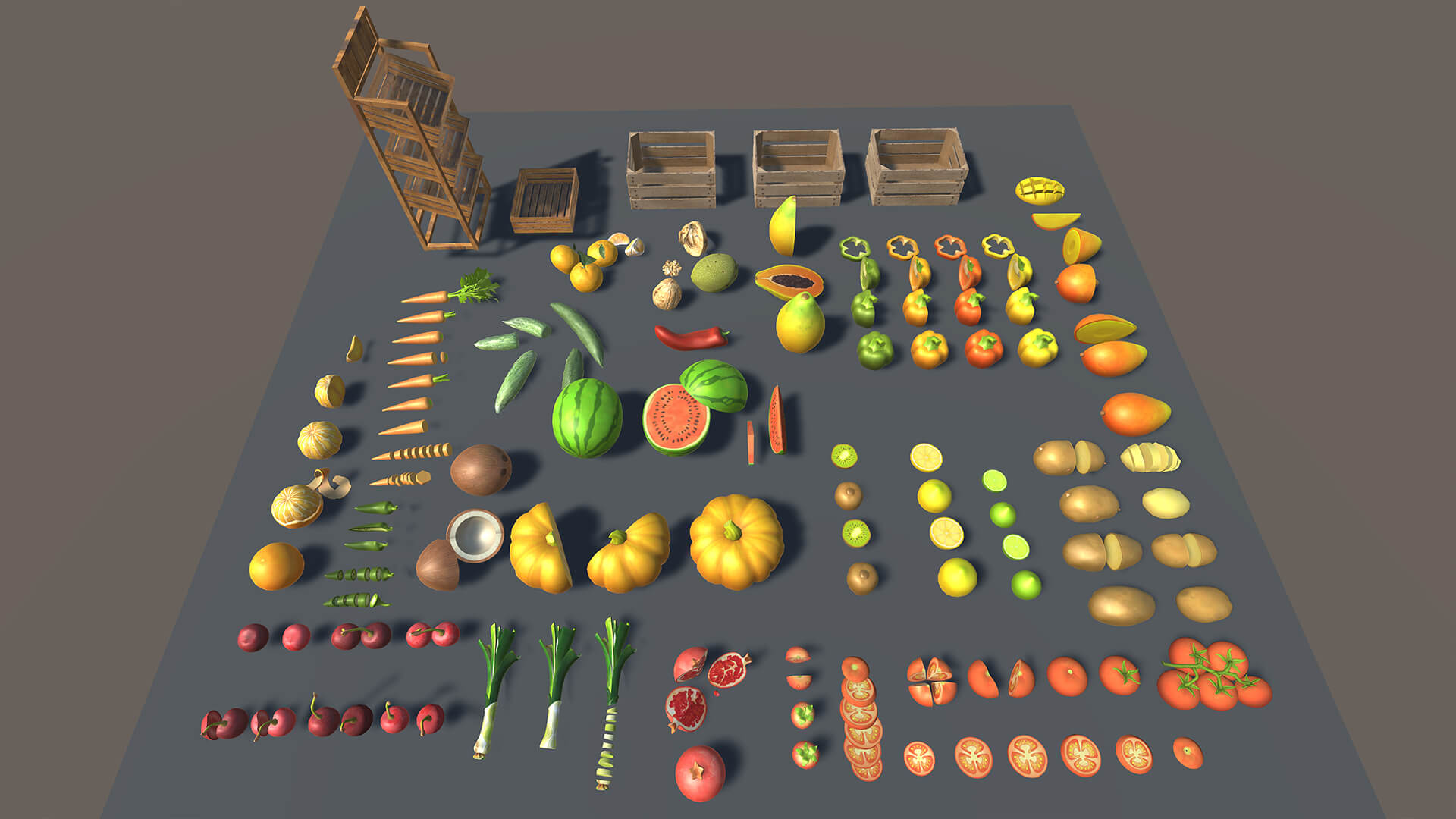 Fruits and Vegetables 3D Asset Pack with Wooden Crates &ampndas 3D Model