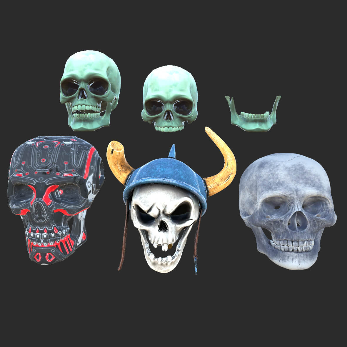 Stylized 3D Skull Collection with Viking Helmet &amp Cyber 3D Model