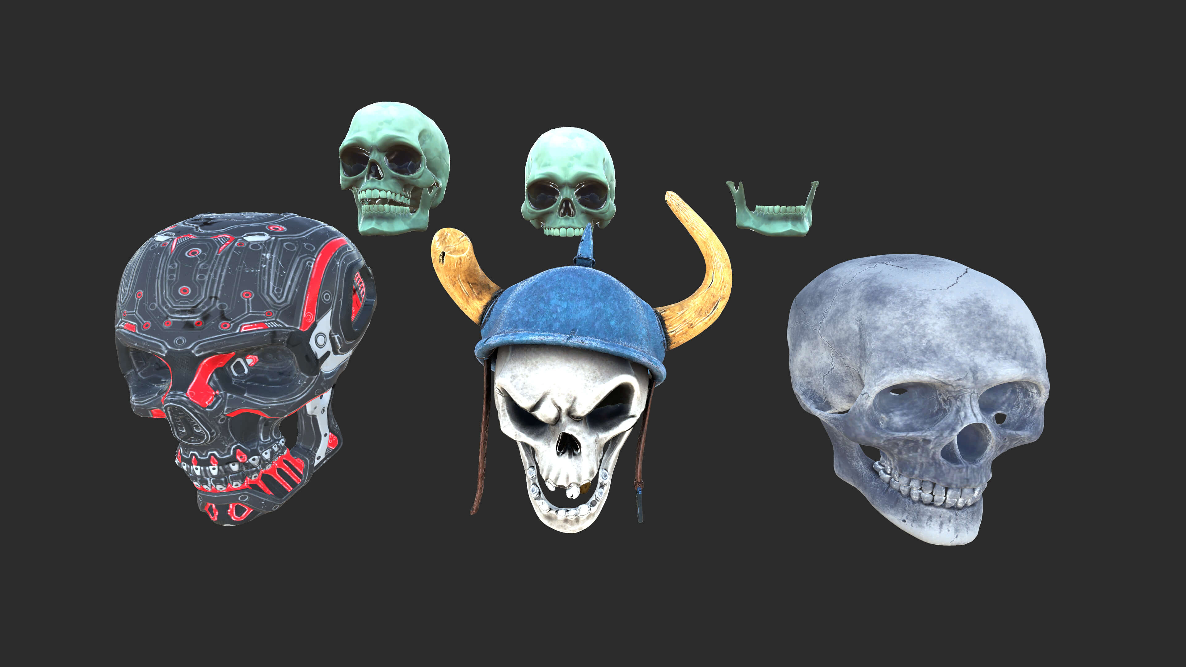 Stylized 3D Skull Collection with Viking Helmet & Cyber 3D Model