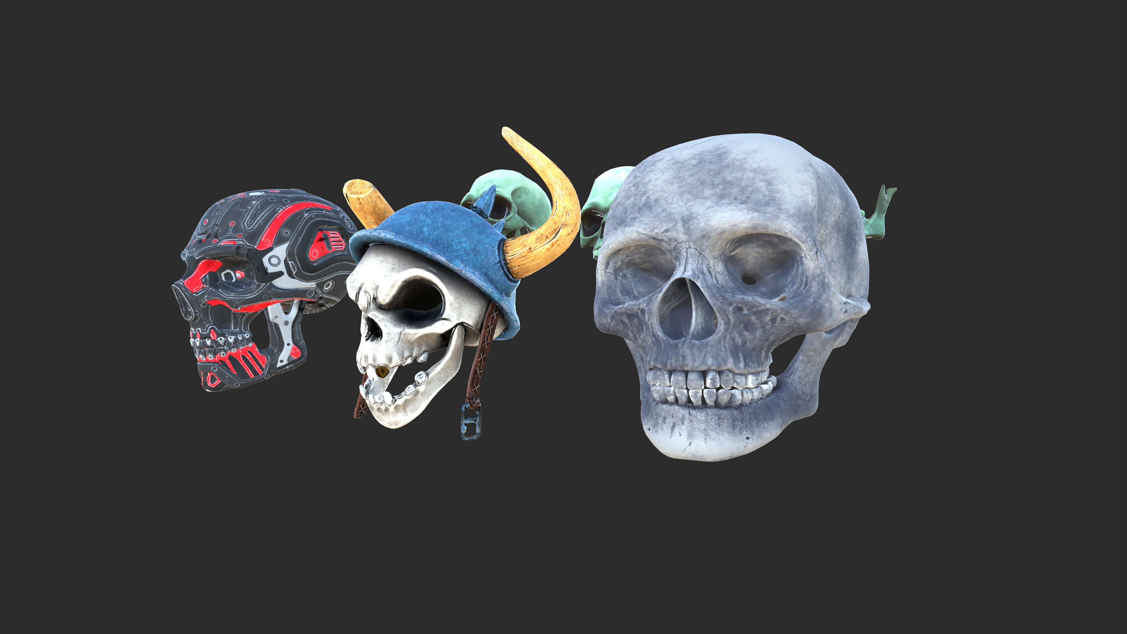 Stylized 3D Skull Collection with Viking Helmet & Cyber 3D Model