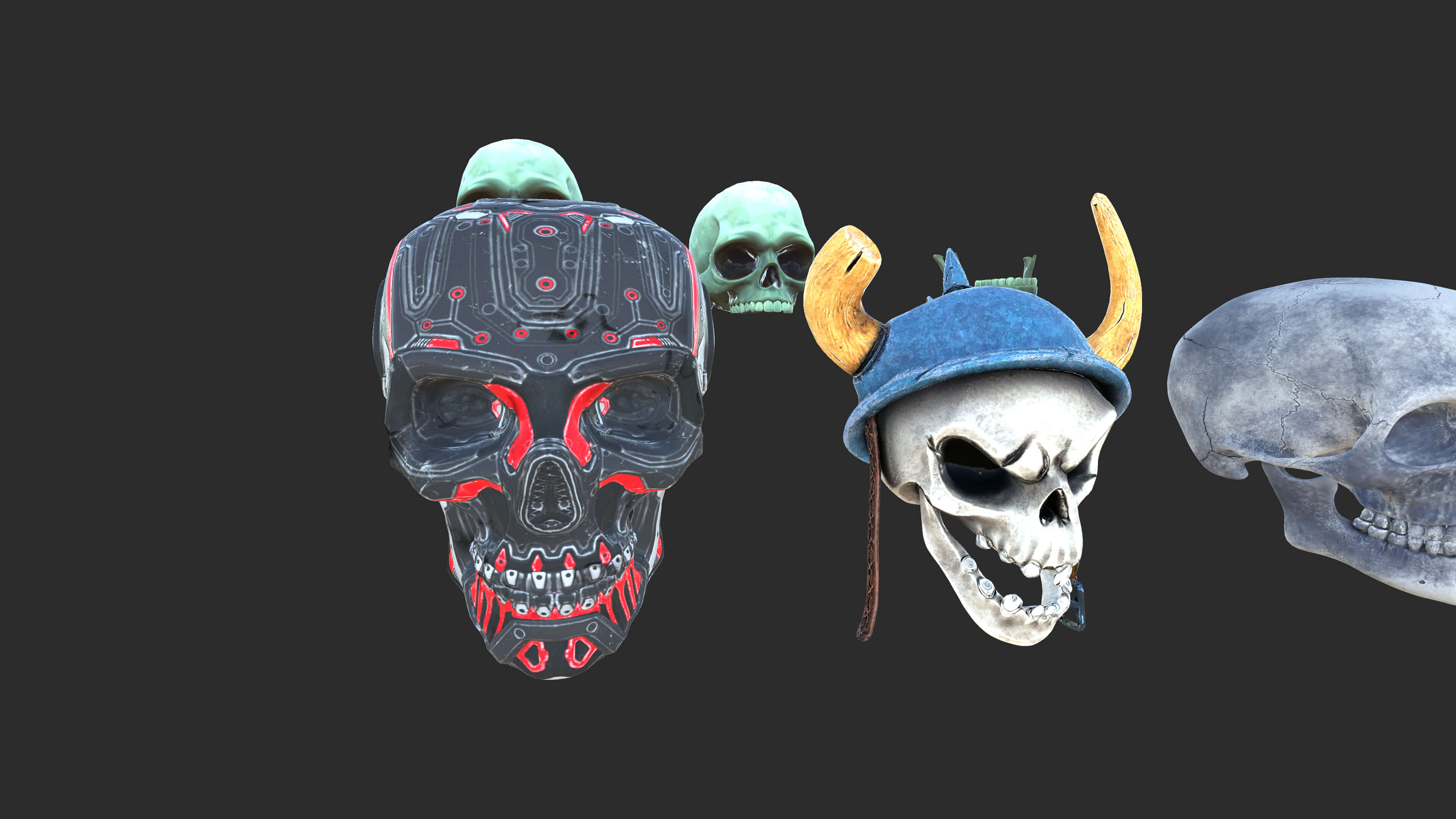 Stylized 3D Skull Collection with Viking Helmet &amp Cyber 3D Model