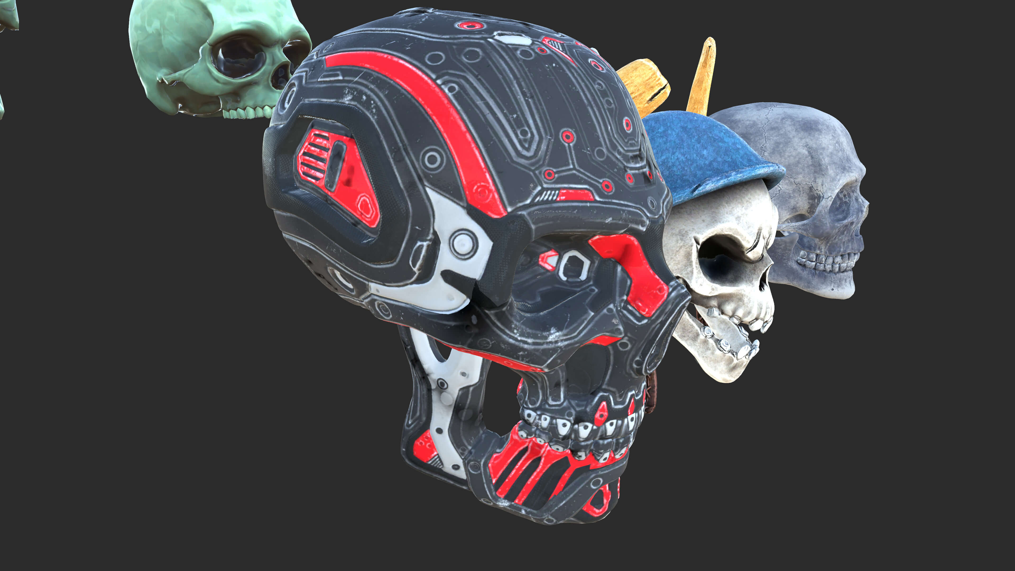 Stylized 3D Skull Collection with Viking Helmet &amp Cyber 3D Model