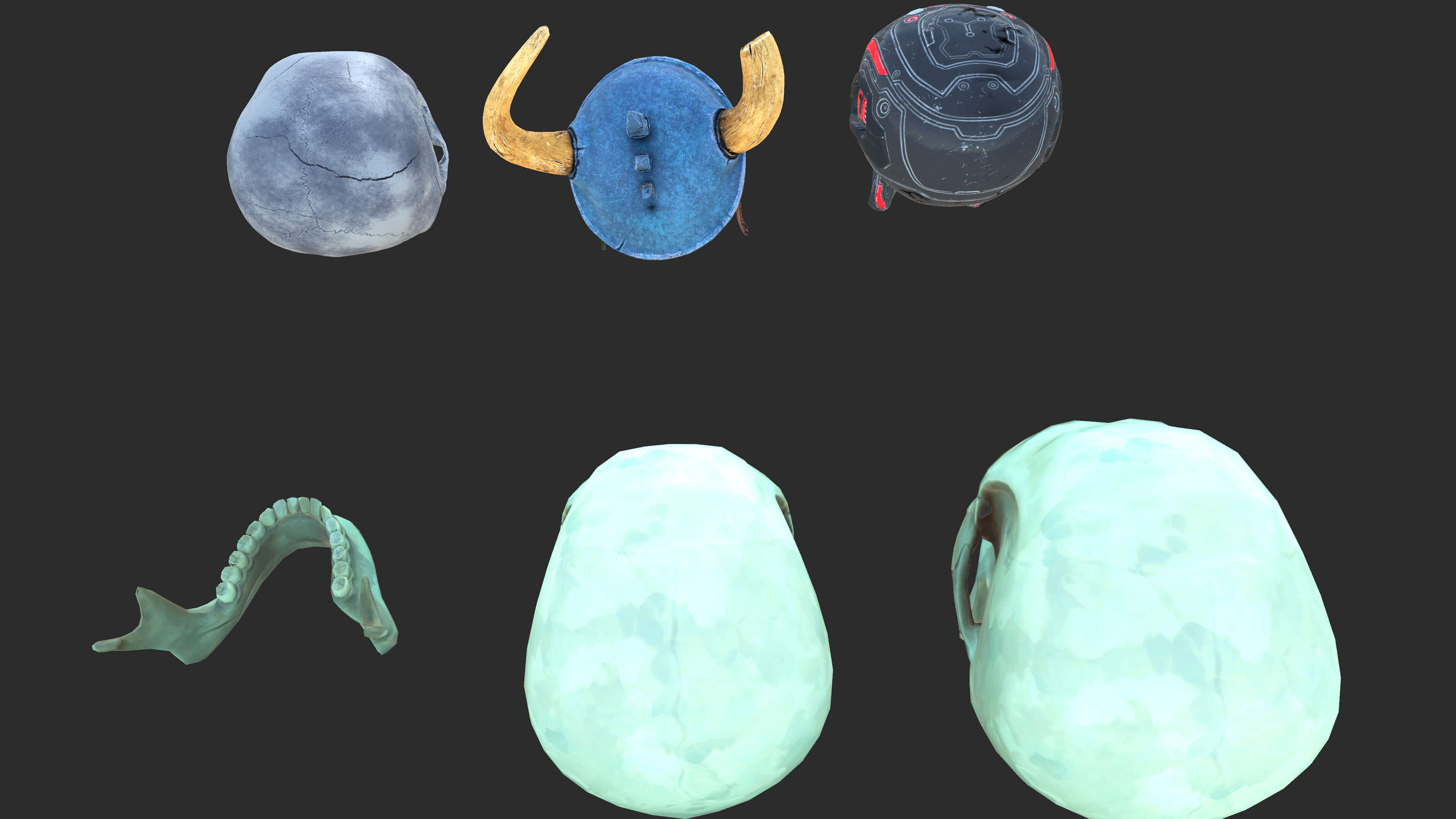 Stylized 3D Skull Collection with Viking Helmet &amp Cyber 3D Model
