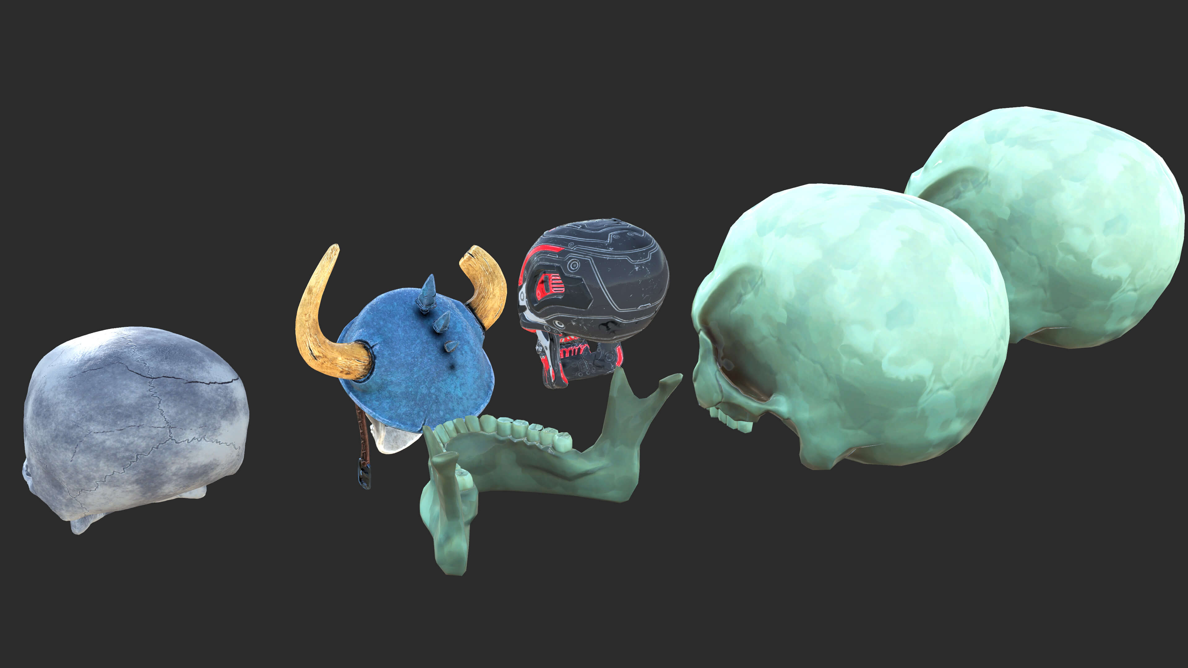 Stylized 3D Skull Collection with Viking Helmet &amp Cyber 3D Model