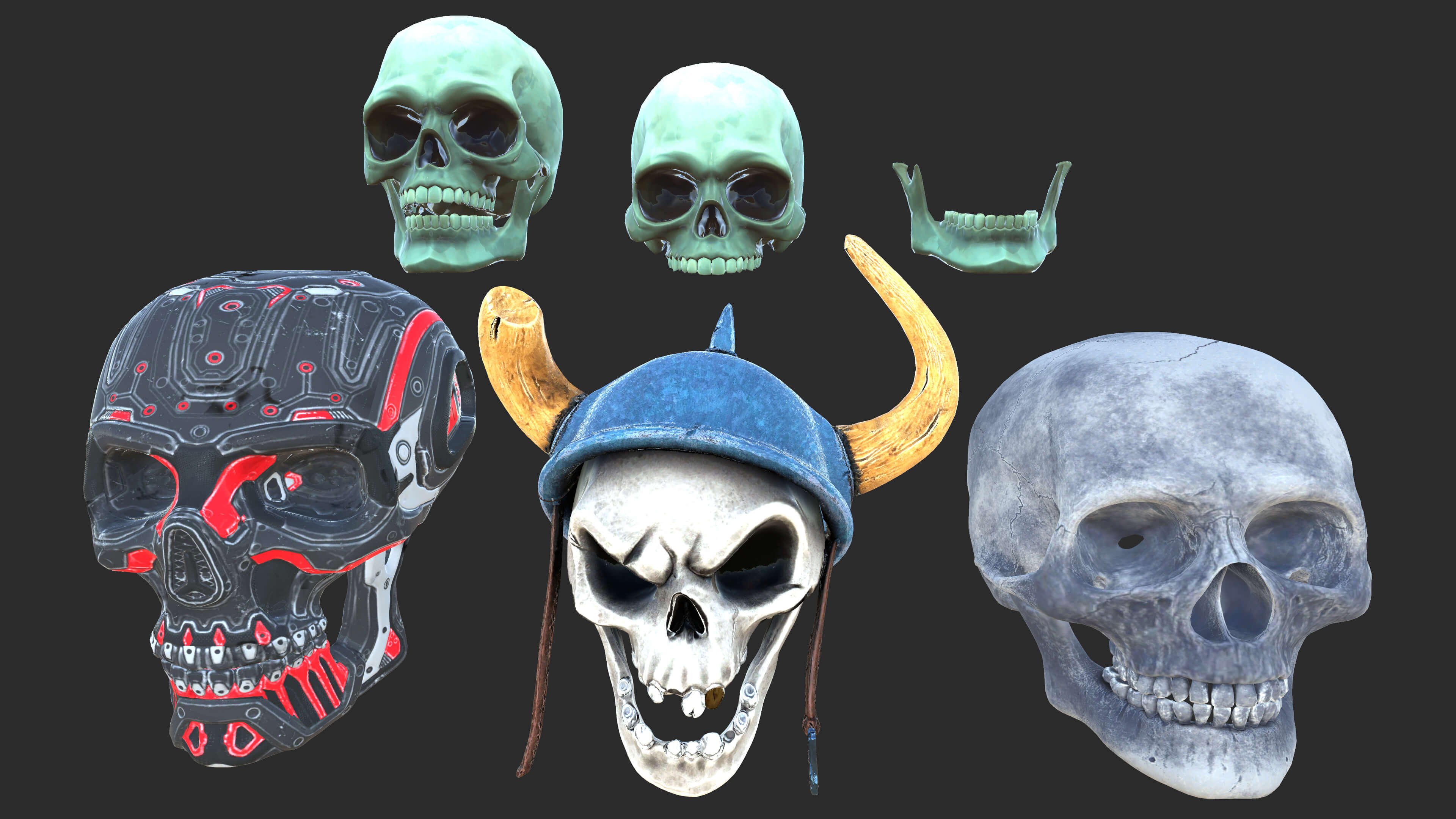 Stylized 3D Skull Collection with Viking Helmet & Cyber 3D Model