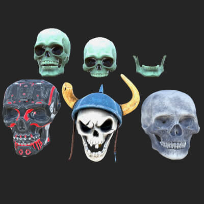 Stylized 3D Skull Collection with Viking Helmet & Cyber