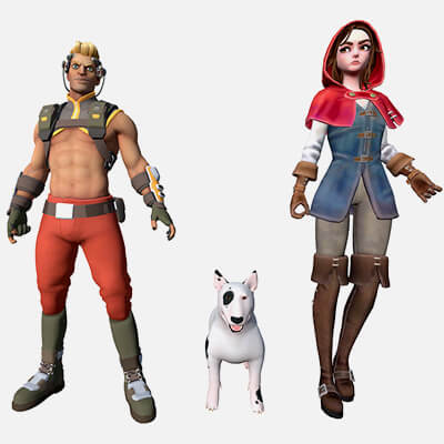 Stylized Male Hero, Red Riding Hood Female & Bulldog