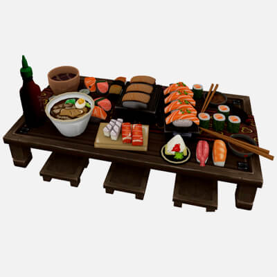 Traditional Sushi Meal 3D Model - Japanese Food Table Scene