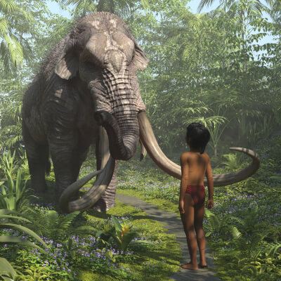 Mowgli & Elephant 3D Wallpaper