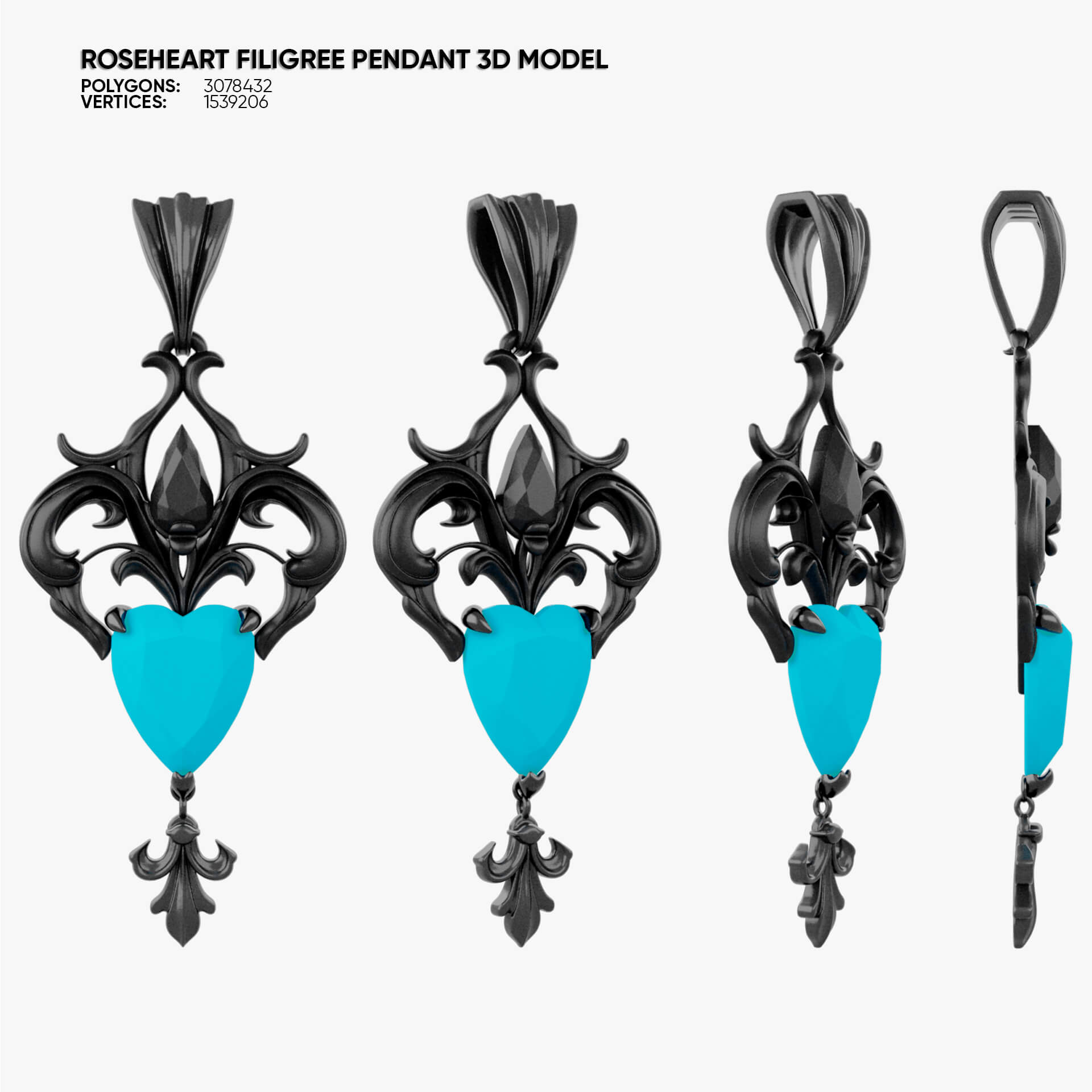 Roseheart Filigree Pendant 3D Model 3D Model