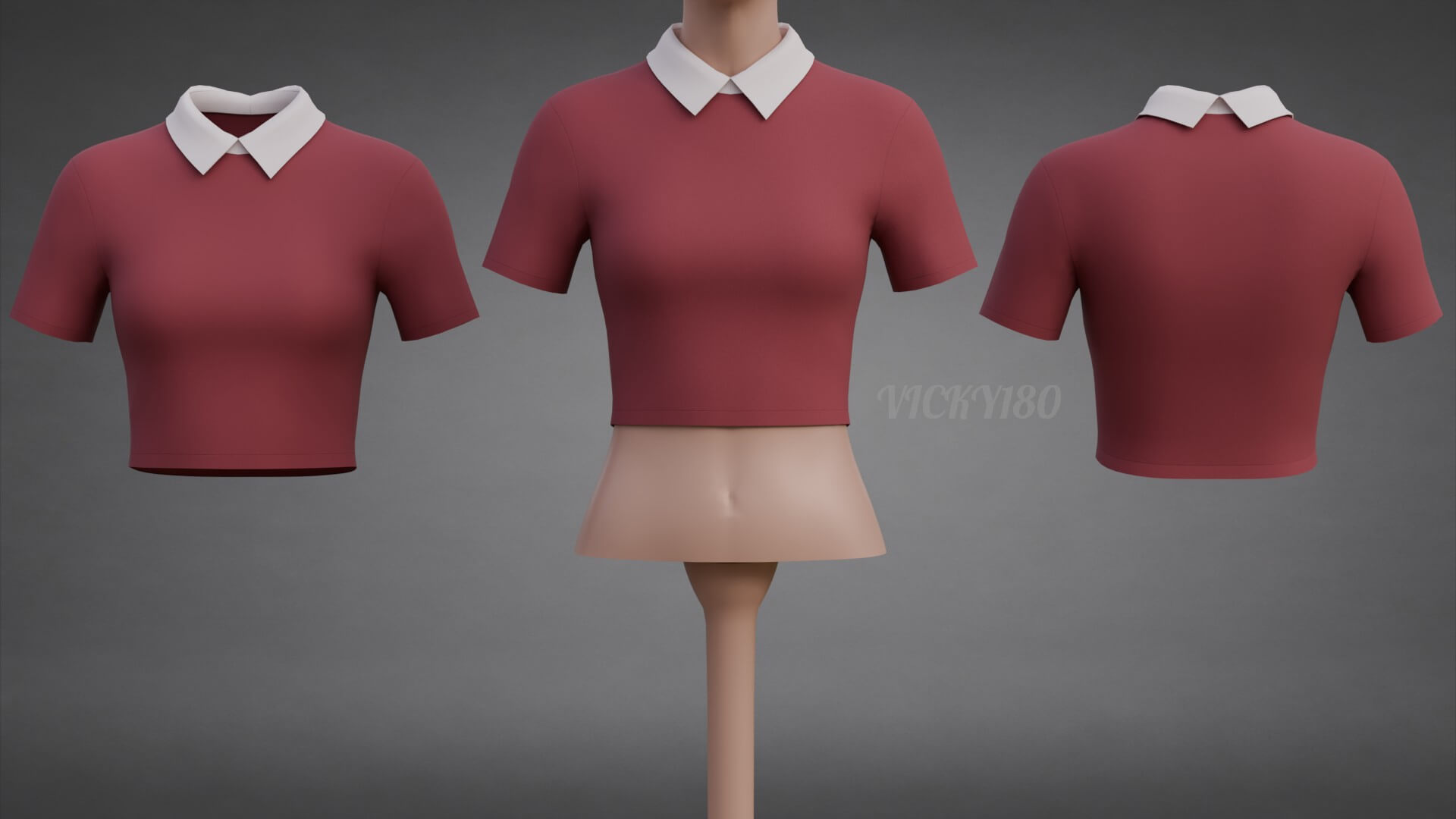 Collared Crop Top Two-Tone Polo Shirt 3D Model