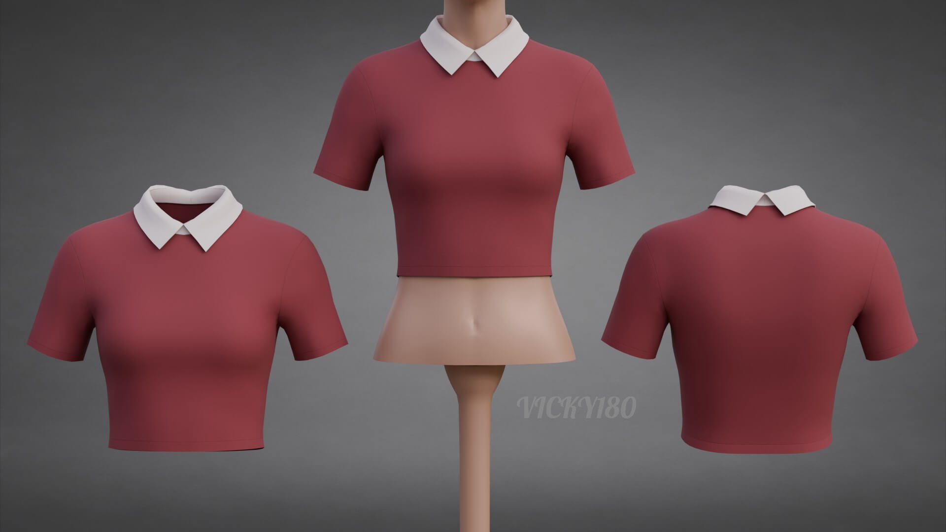 Collared Crop Top Two-Tone Polo Shirt 3D Model
