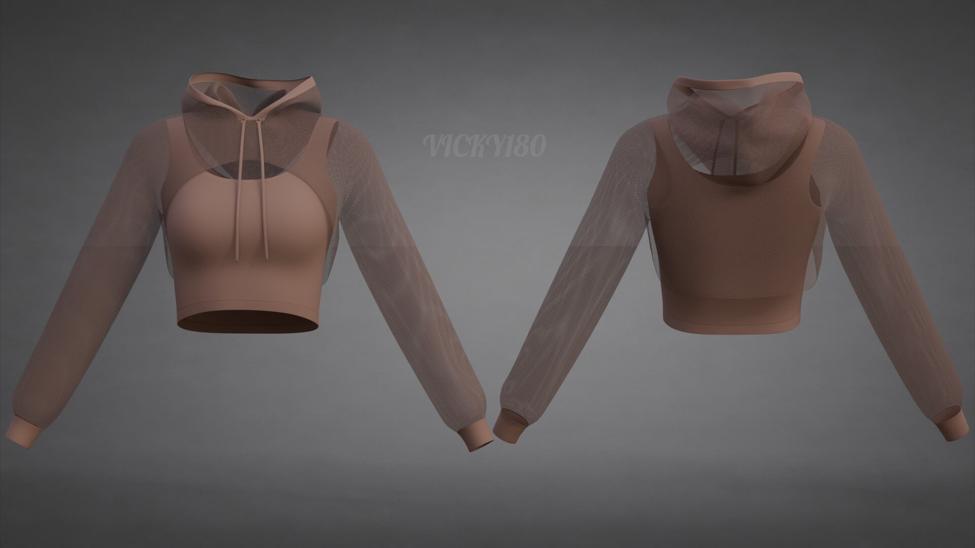 Mesh Crop Top Hoodie Sweatshirt & Tank Top - Female Sweater 3D Model