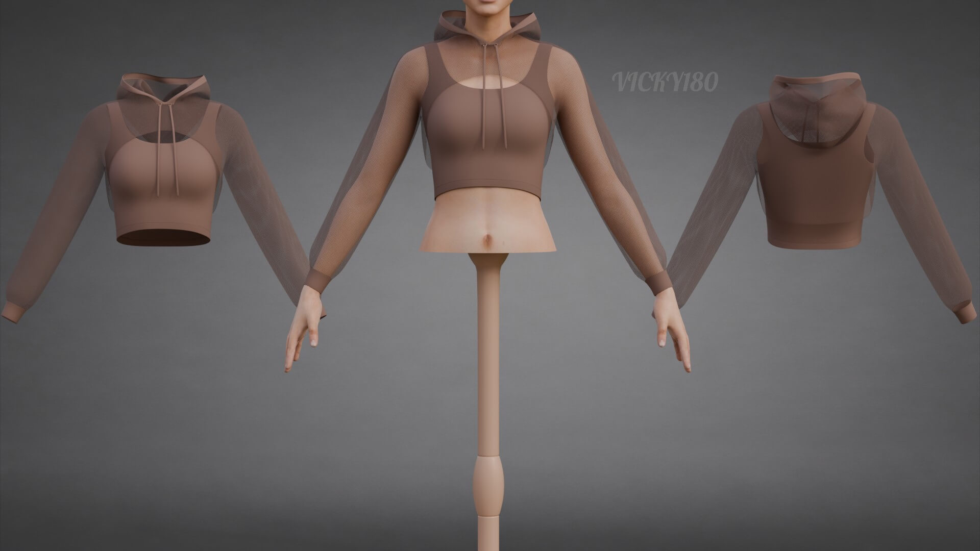 Mesh Crop Top Hoodie Sweatshirt &amp Tank Top - Female Sweater 3D Model