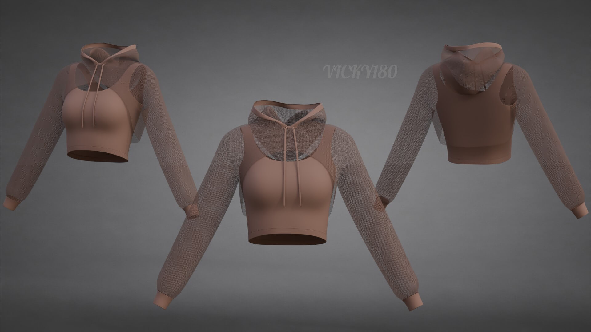 Mesh Crop Top Hoodie Sweatshirt & Tank Top - Female Sweater 3D Model