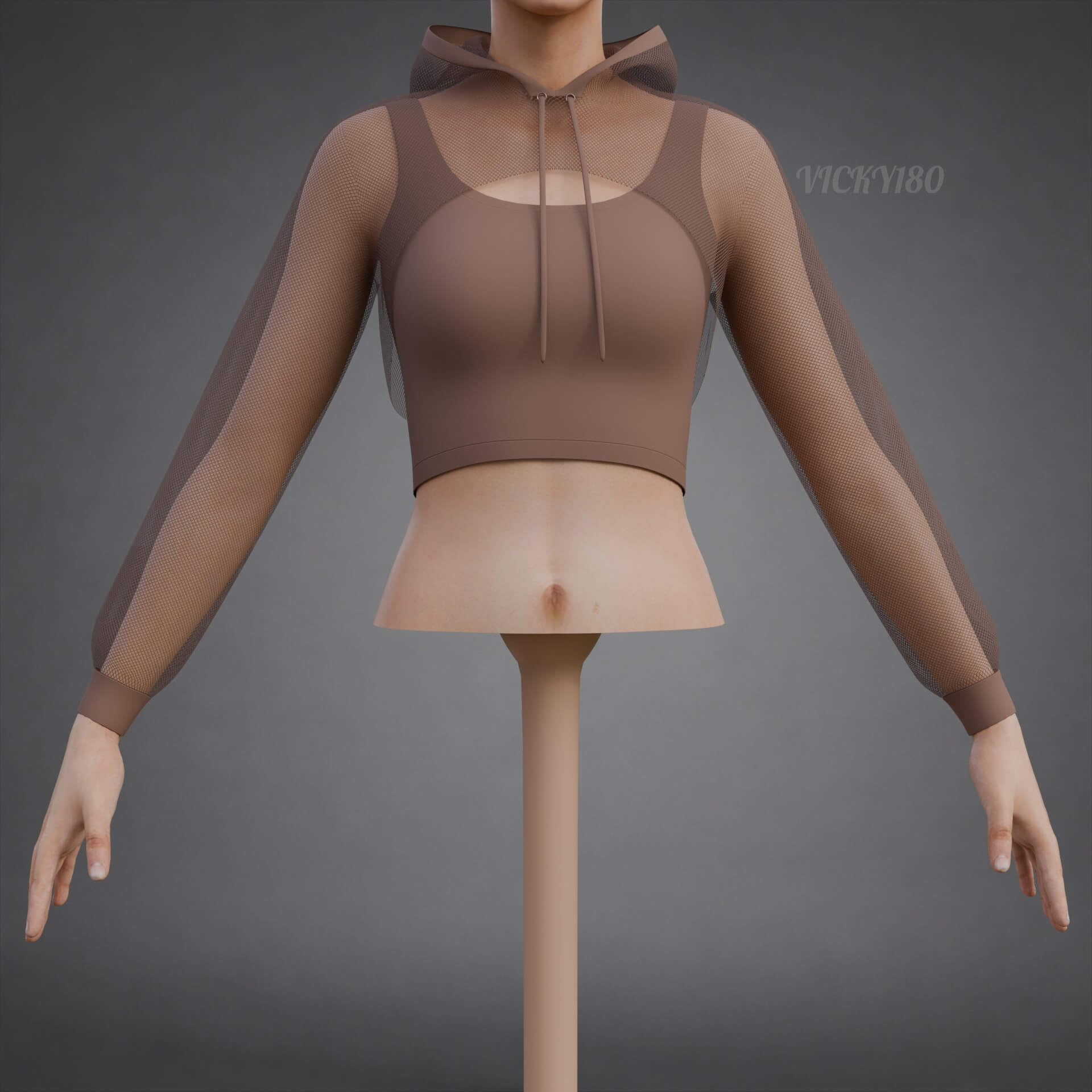 Mesh Crop Top Hoodie Sweatshirt & Tank Top - Female Sweater 3D Model