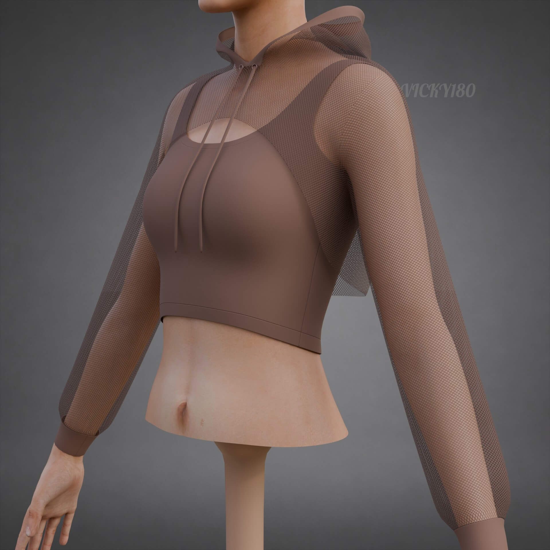 Mesh Crop Top Hoodie Sweatshirt & Tank Top - Female Sweater 3D Model