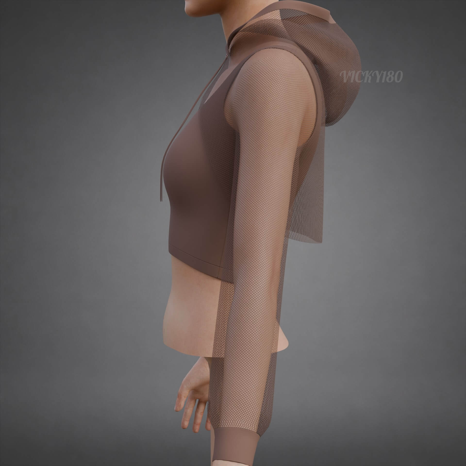 Mesh Crop Top Hoodie Sweatshirt & Tank Top - Female Sweater 3D Model
