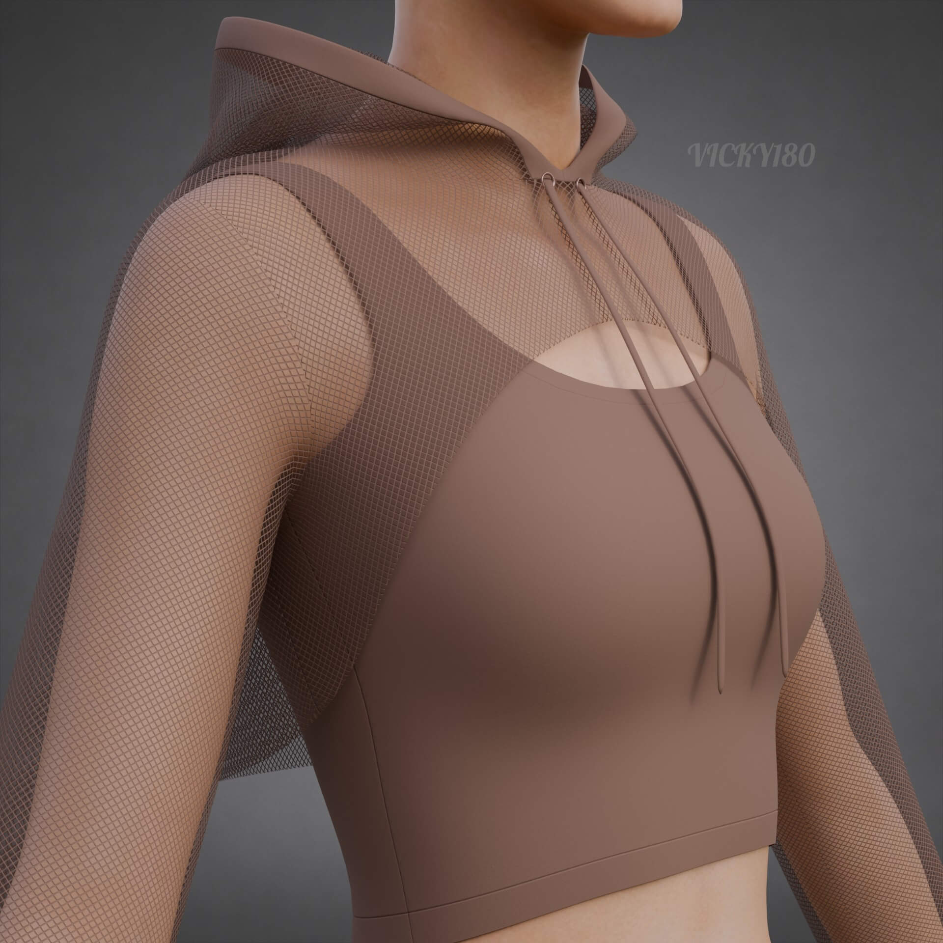 Mesh Crop Top Hoodie Sweatshirt & Tank Top - Female Sweater 3D Model