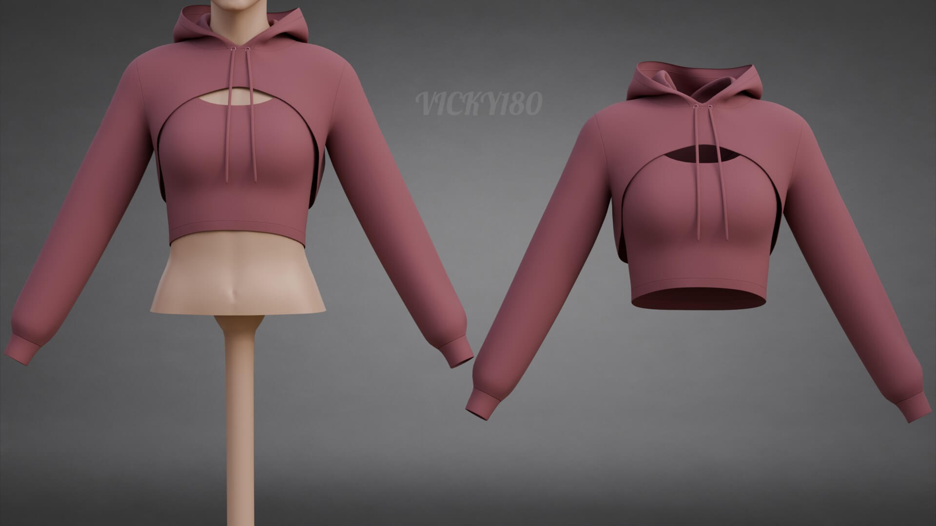 Cropped Hoodie Sweatshirt & Tank Top - Female Sweater 3D Model