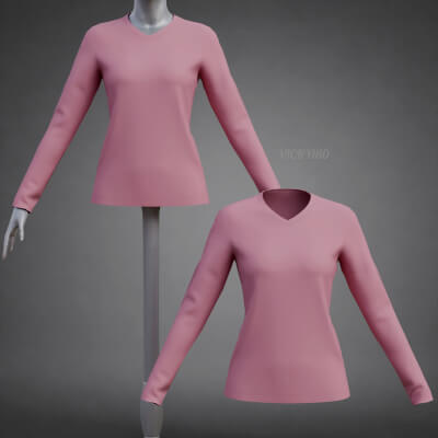 Female Long-Sleeve Low-Poly T-Shirt Pink V-Neck Sweatshirt
