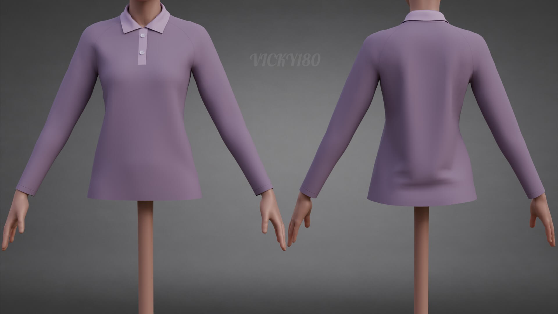 Female Long-Sleeve Polo Shirt with Collar Raglan T-Shirt 3D Model