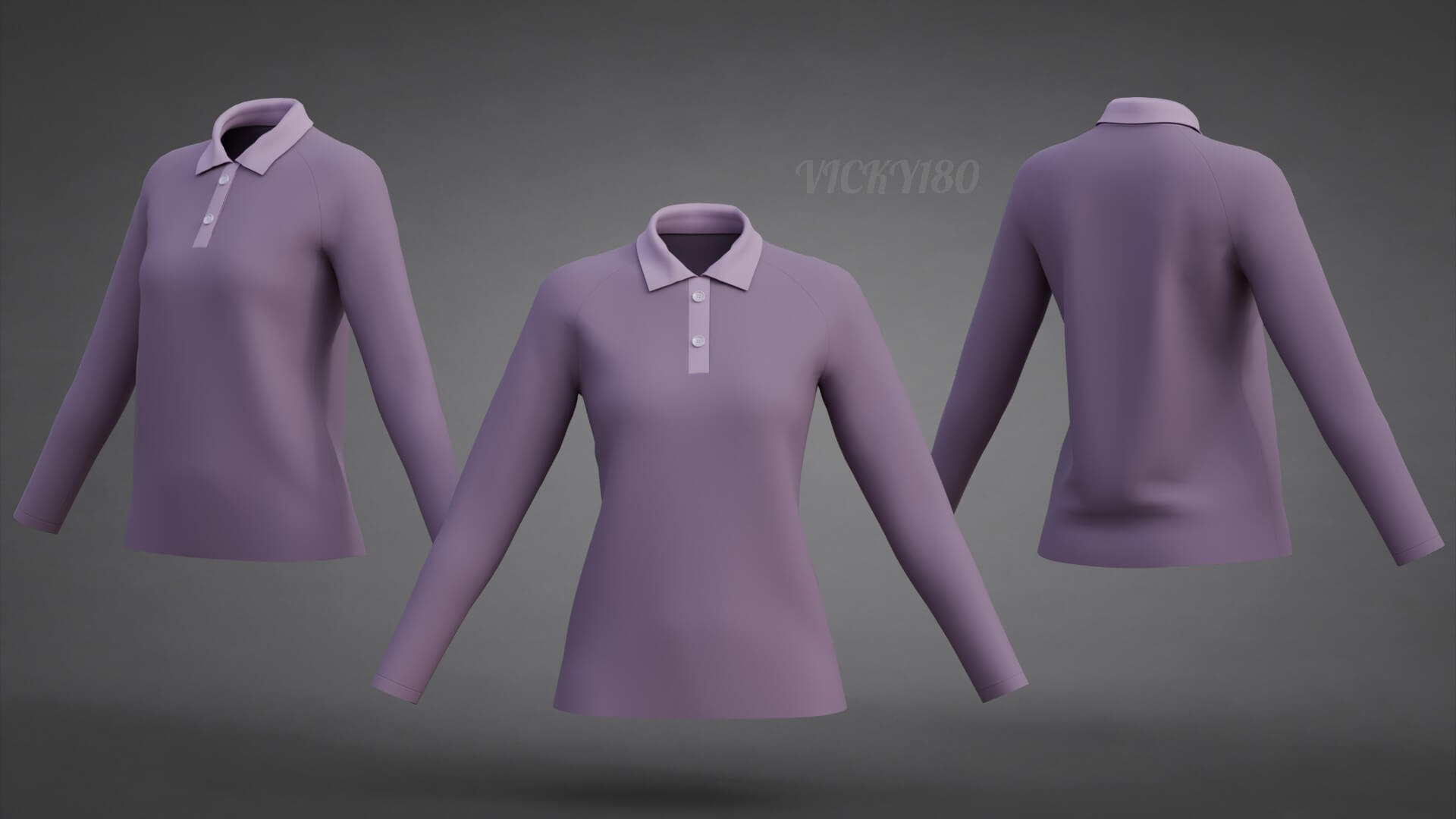 Female Long-Sleeve Polo Shirt with Collar Raglan T-Shirt 3D Model