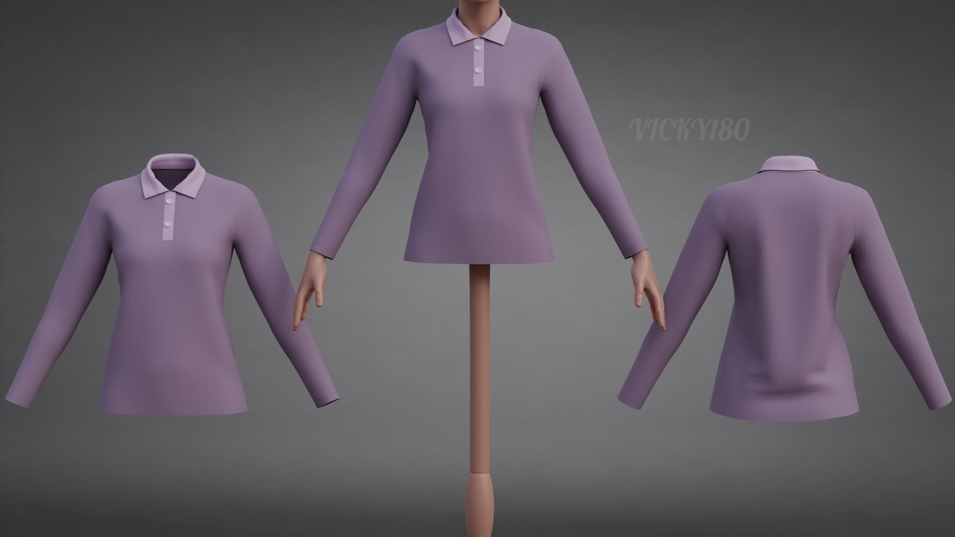 Female Long-Sleeve Polo Shirt with Collar Raglan T-Shirt 3D Model