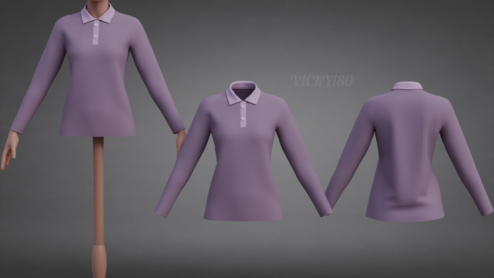Female Long-Sleeve Polo Shirt with Collar Raglan T-Shirt 3D Model