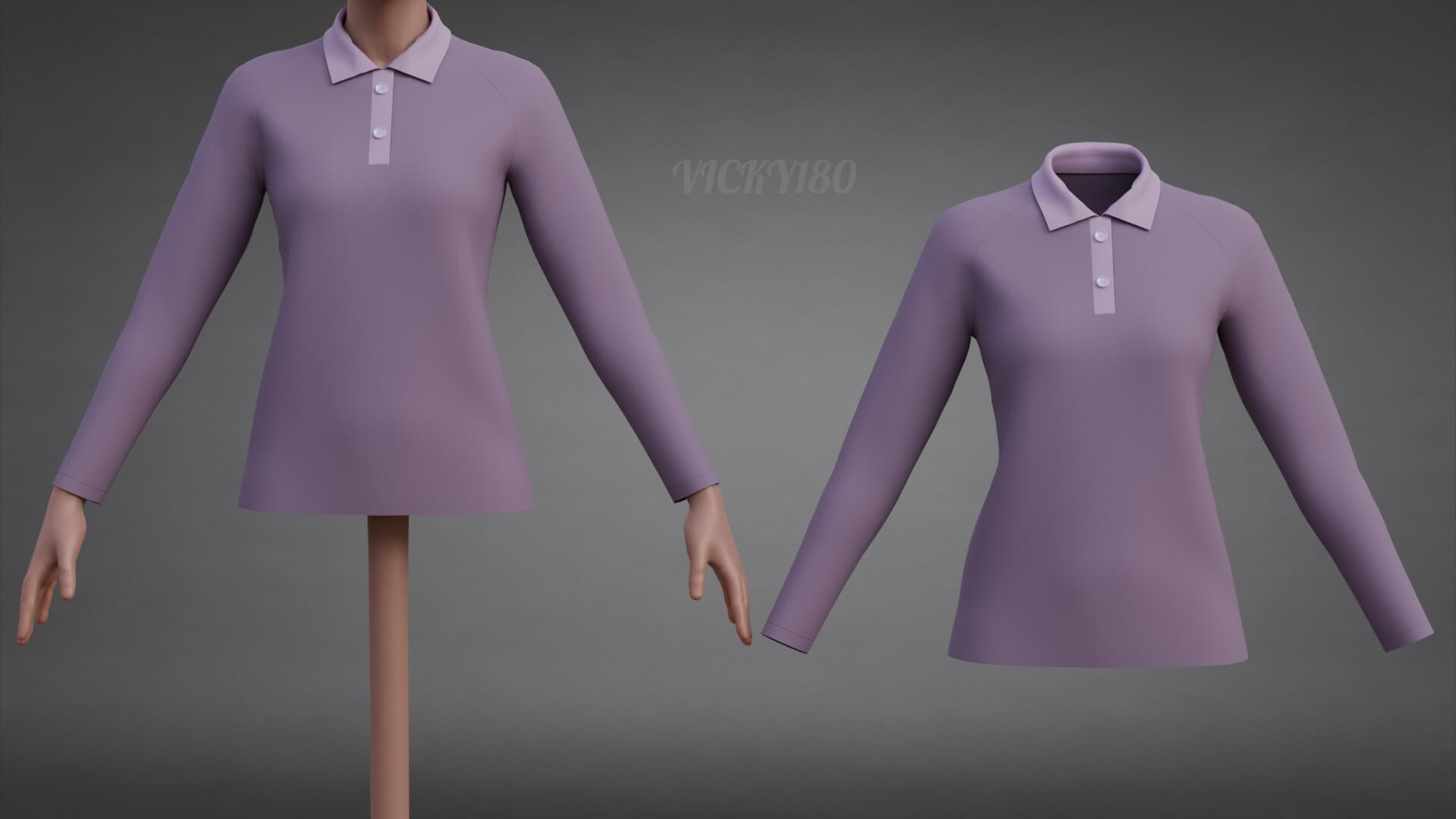 Female Long-Sleeve Polo Shirt with Collar Raglan T-Shirt 3D Model