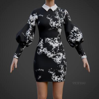 Formal Two-Tone Puff Sleeve Collar Bodycon Sexy Mini Dress