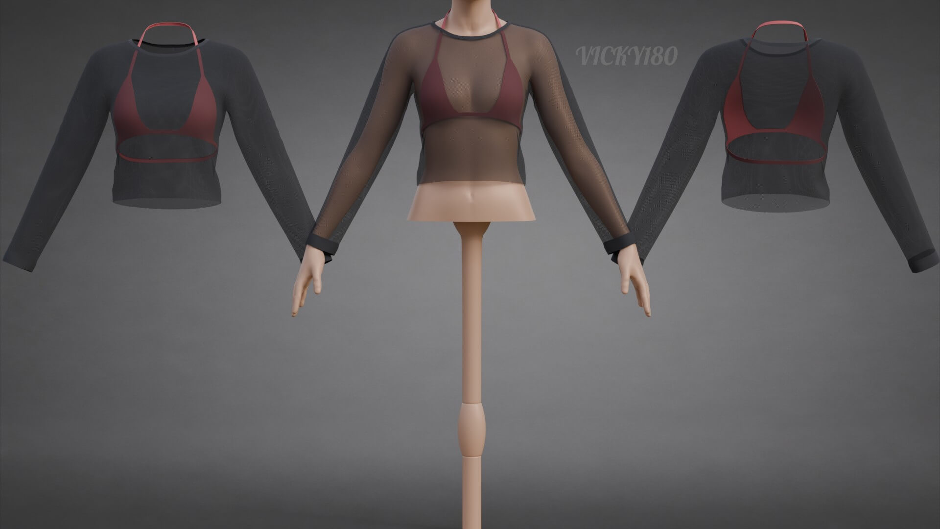 Mesh Fishnet Crop Top and Bikini Bra Clothing 3D Model