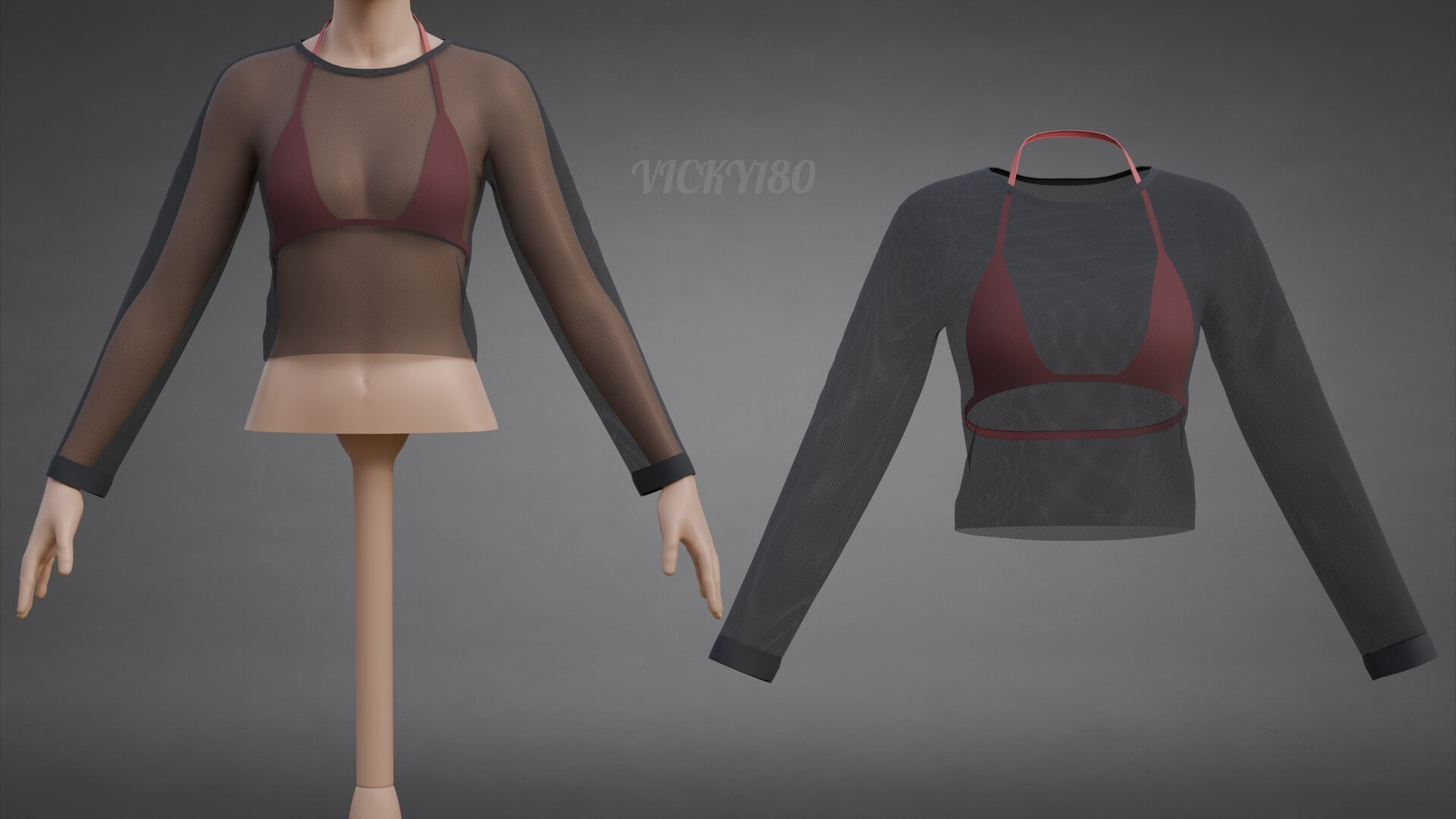 Mesh Fishnet Crop Top and Bikini Bra Clothing 3D Model