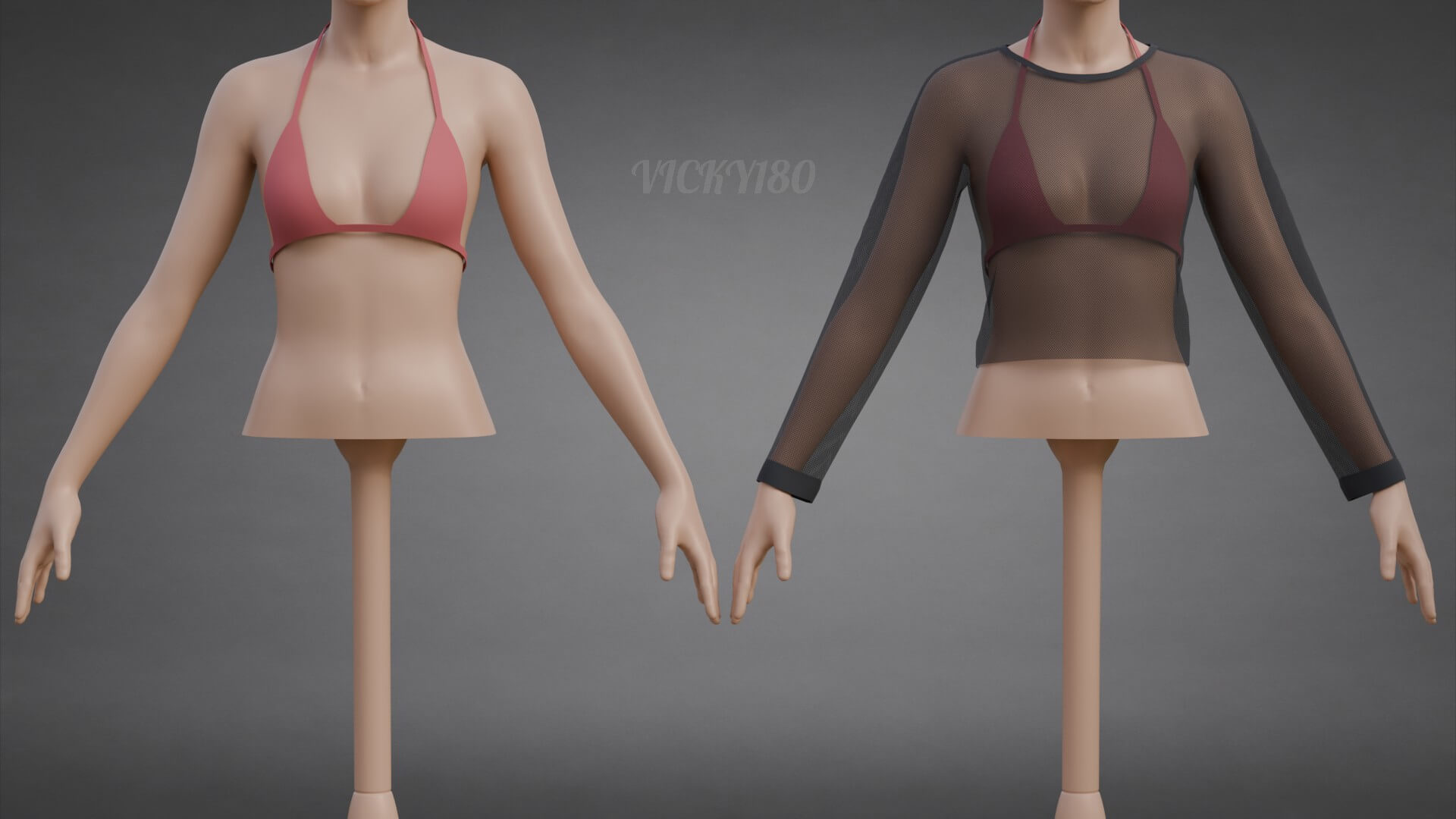 Mesh Fishnet Crop Top and Bikini Bra Clothing 3D Model