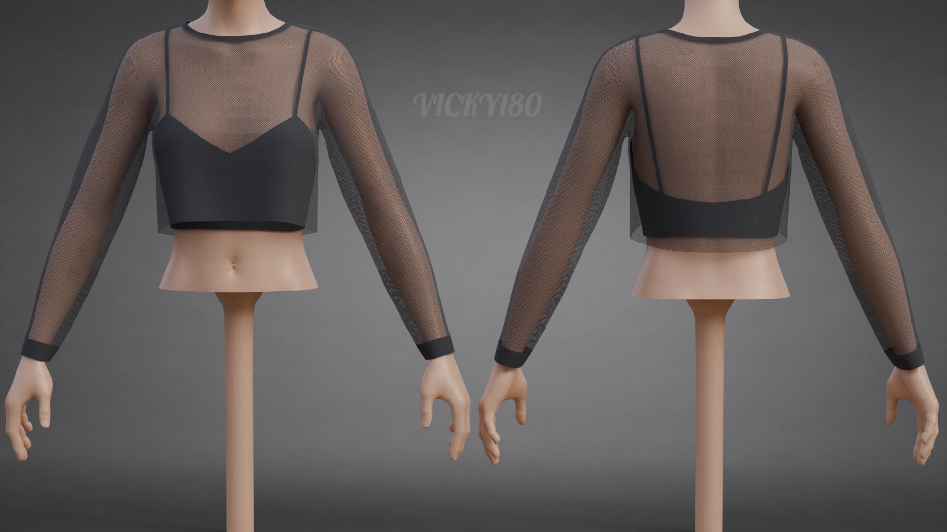 Mesh Fishnet Crop Top Cami Singlet - Black and White Shirt 3D Model