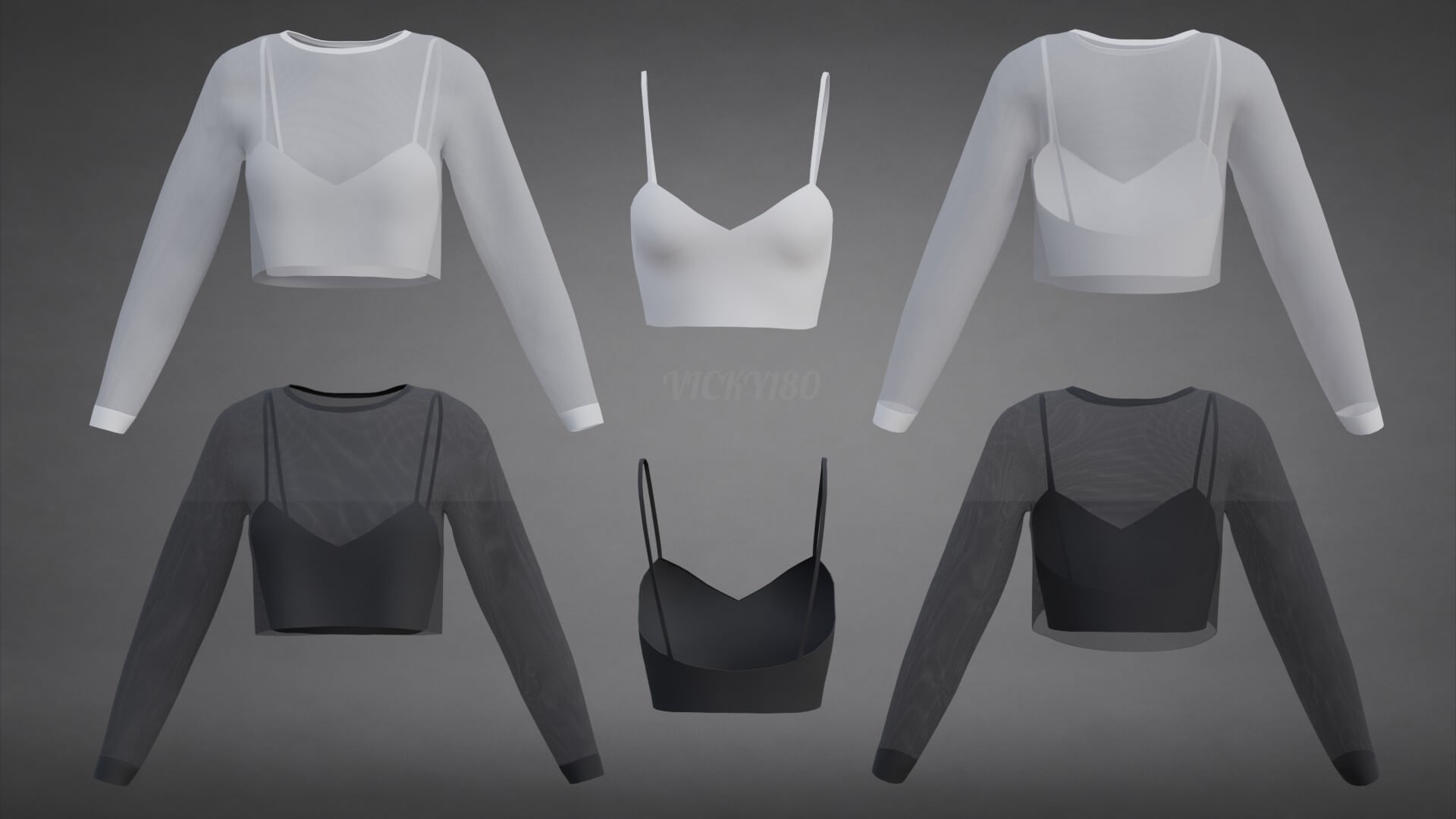 Mesh Fishnet Crop Top Cami Singlet - Black and White Shirt 3D Model