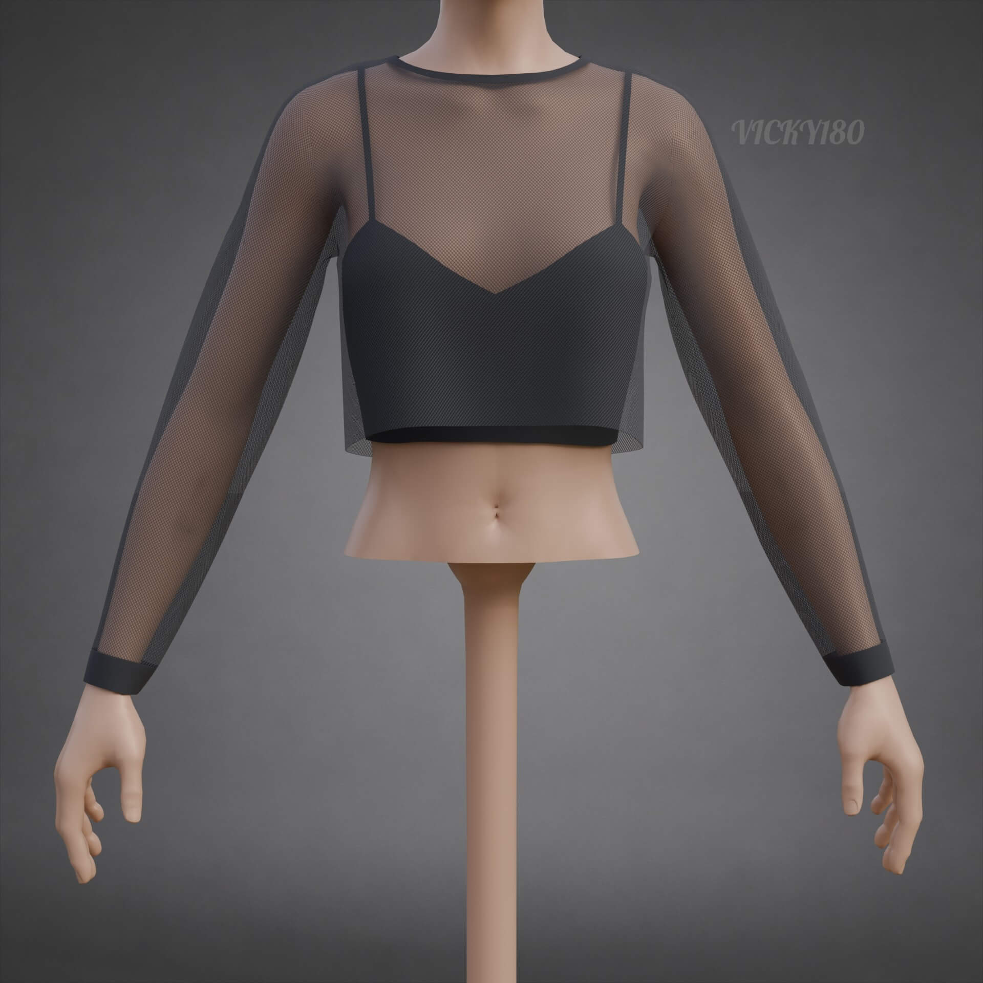 Mesh Fishnet Crop Top Cami Singlet - Black and White Shirt 3D Model