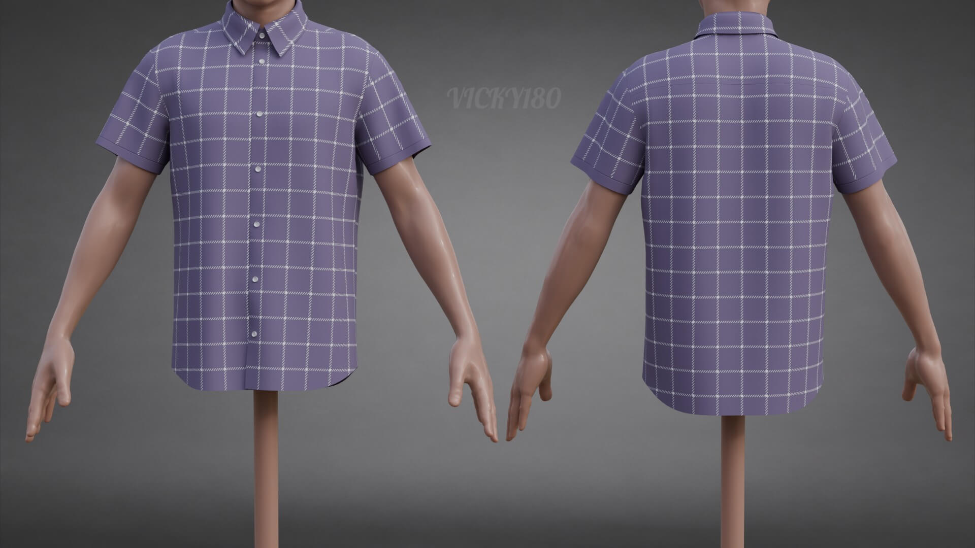 Plaid Short-Sleeve Formal Shirt - Male Check Dress Shirt 3D Model