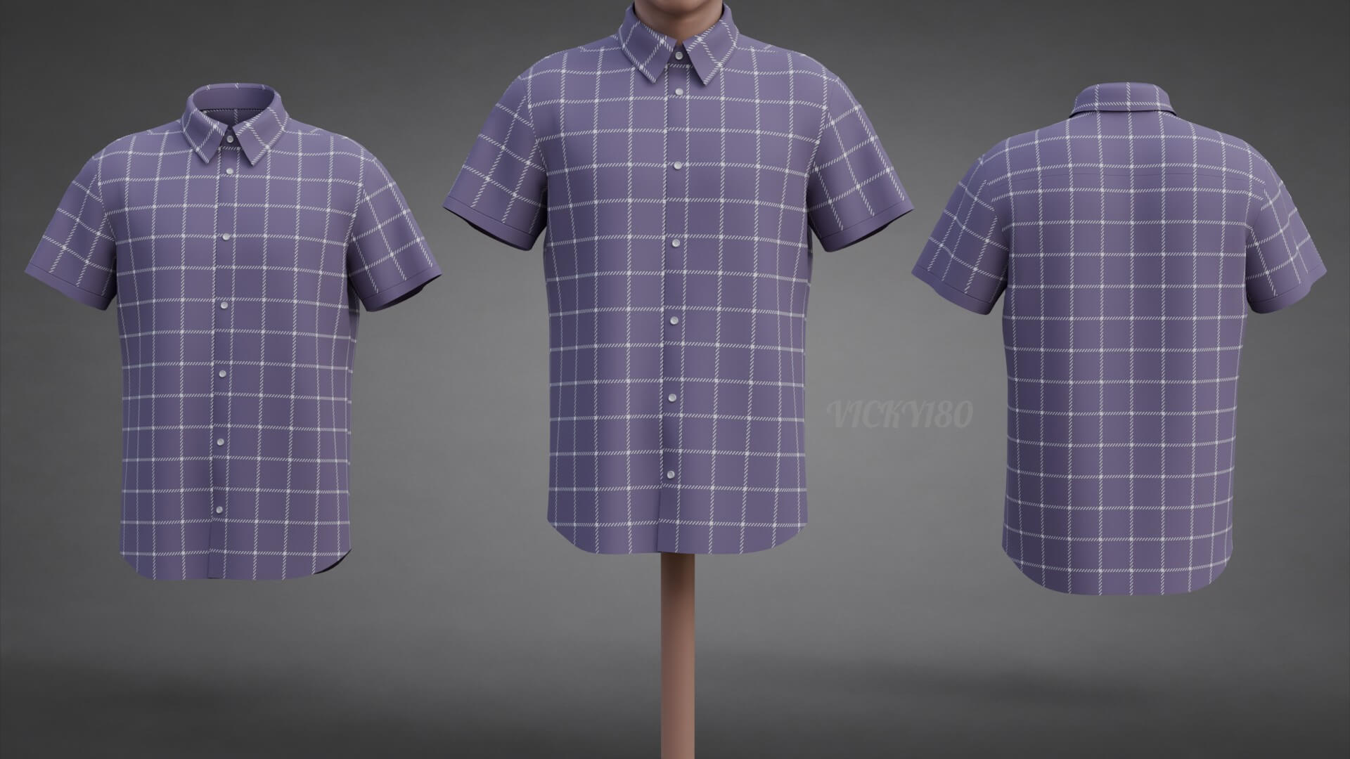 Plaid Short-Sleeve Formal Shirt - Male Check Dress Shirt 3D Model