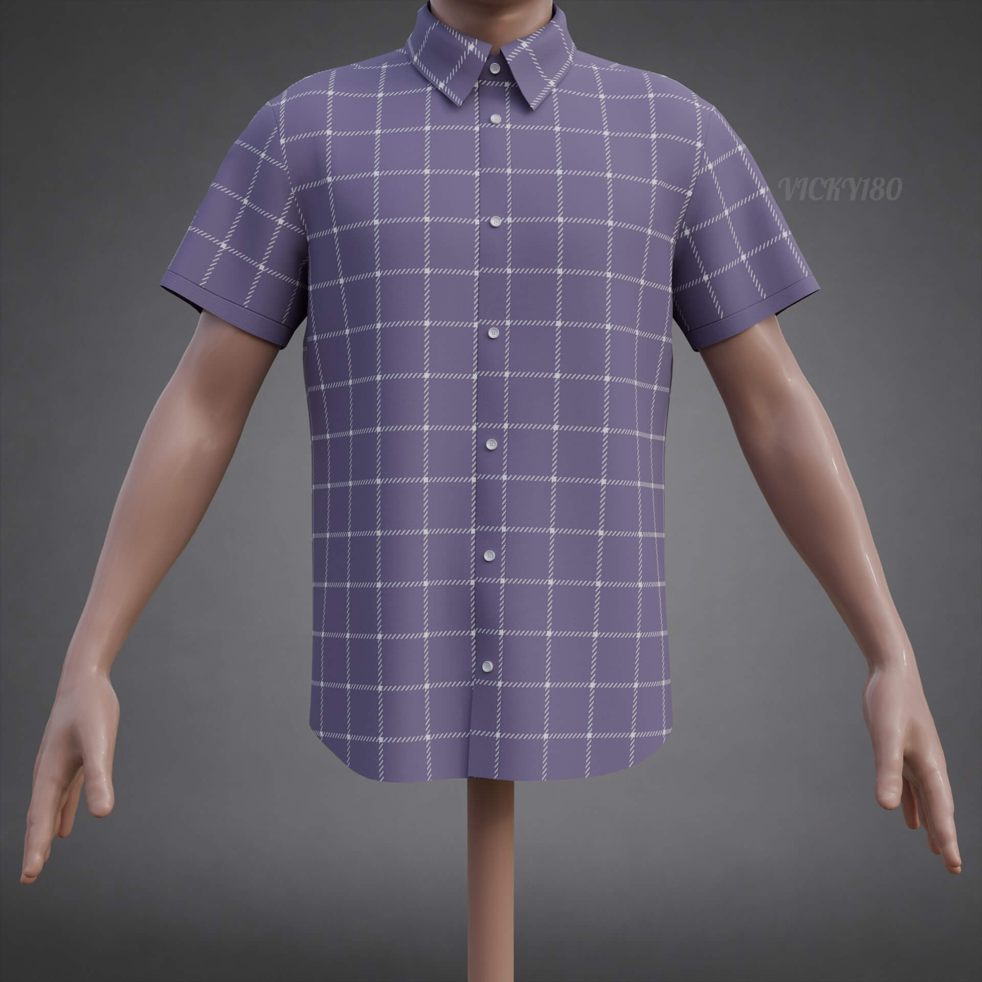 Plaid Short-Sleeve Formal Shirt - Male Check Dress Shirt 3D Model