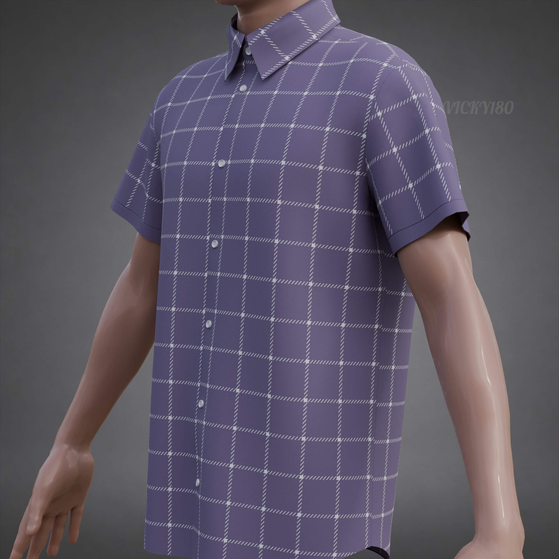 Plaid Short-Sleeve Formal Shirt - Male Check Dress Shirt 3D Model