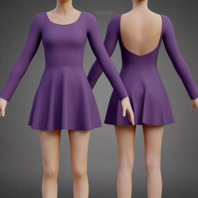 Purple Long Sleeve Low Back Skater Dress 3D Clothing Outfit