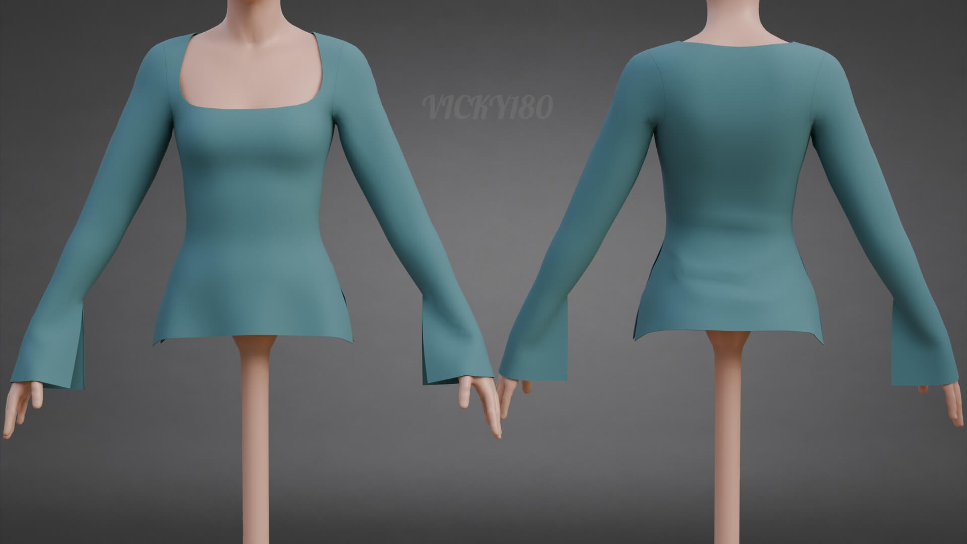 Square-Neck Blouse Flared Female Shirt 3D Model