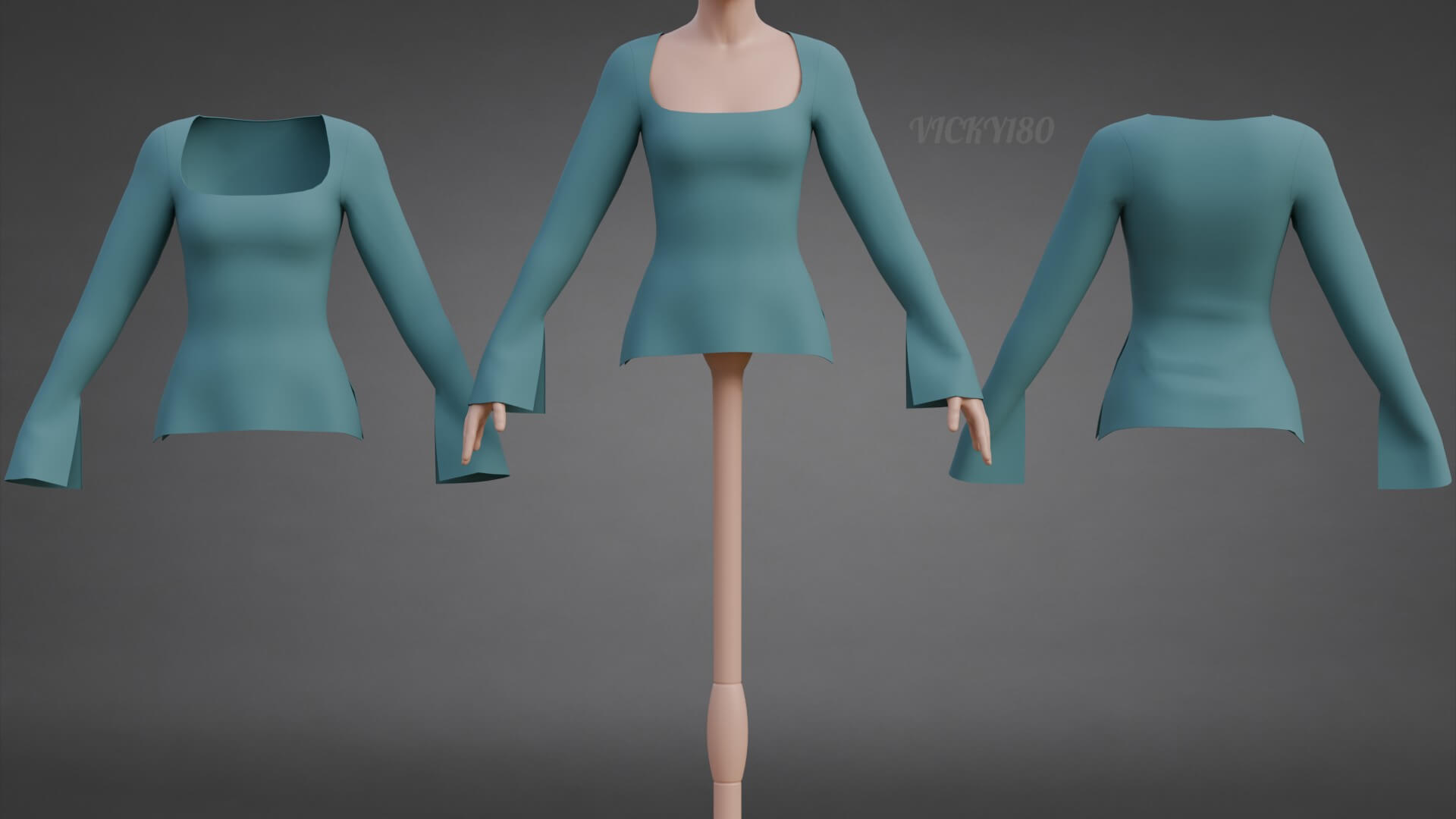 Square-Neck Blouse Flared Female Shirt 3D Model
