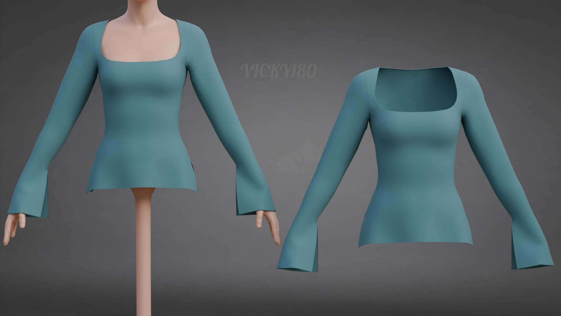 Square-Neck Blouse Flared Female Shirt 3D Model