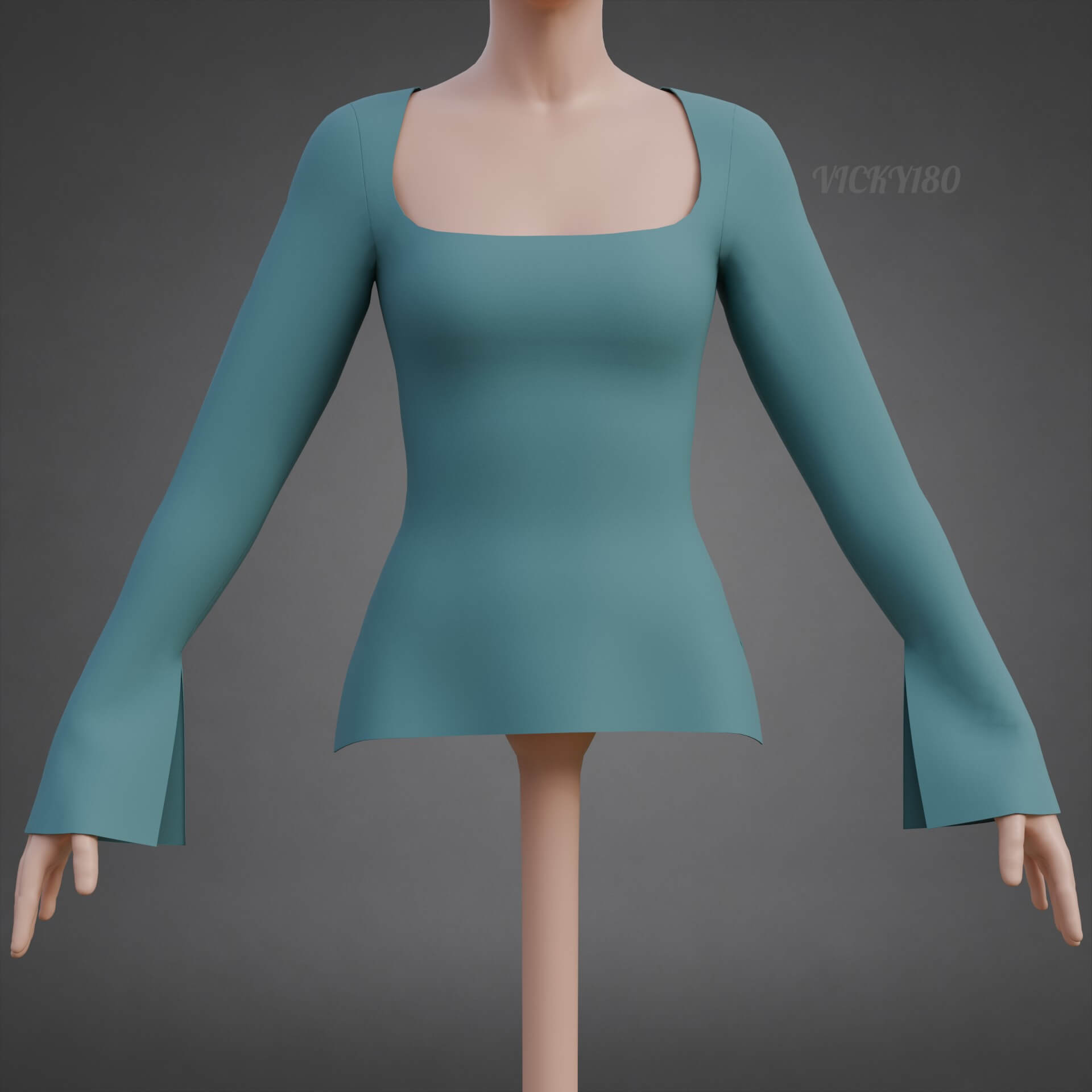 Square-Neck Blouse Flared Female Shirt 3D Model