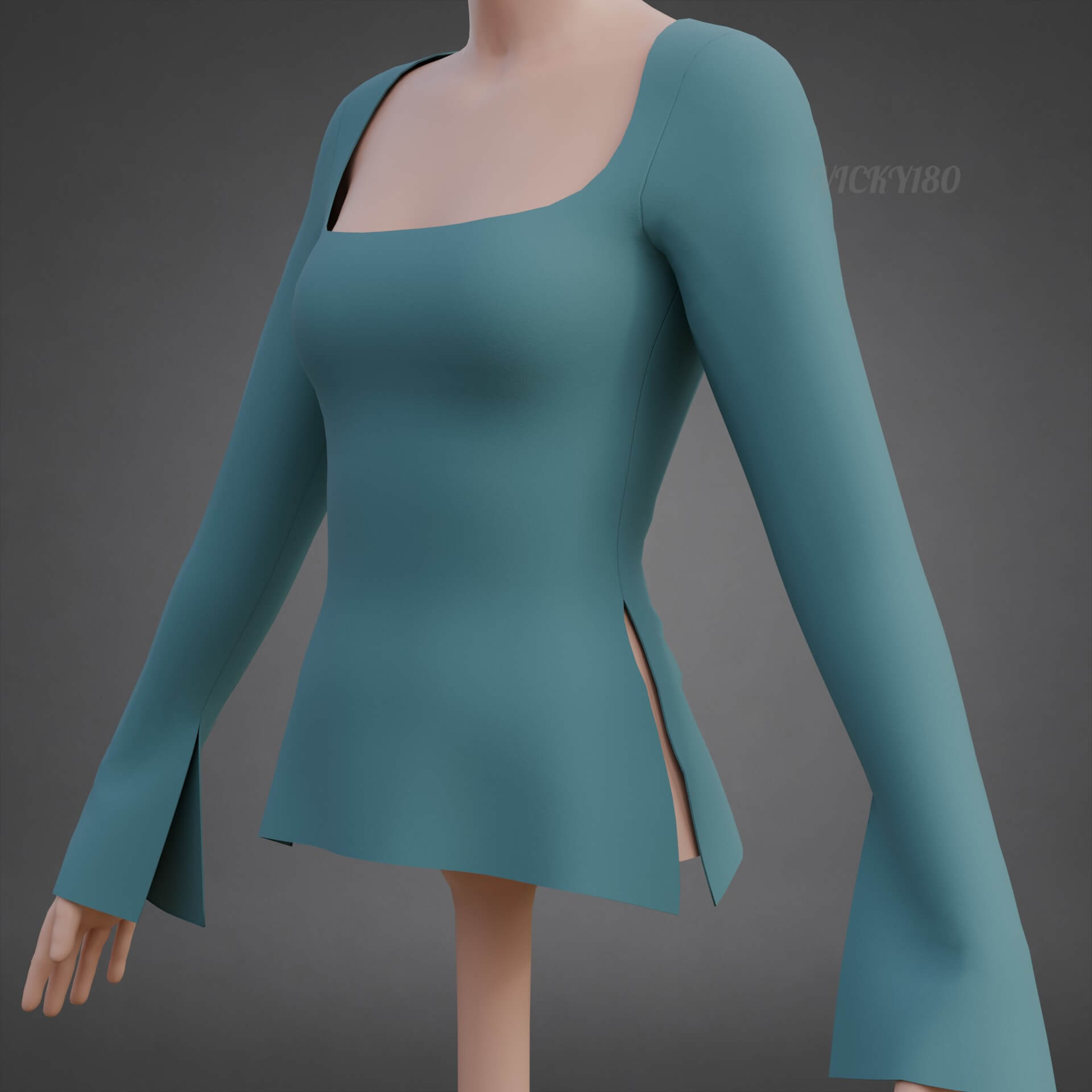 Square-Neck Blouse Flared Female Shirt 3D Model