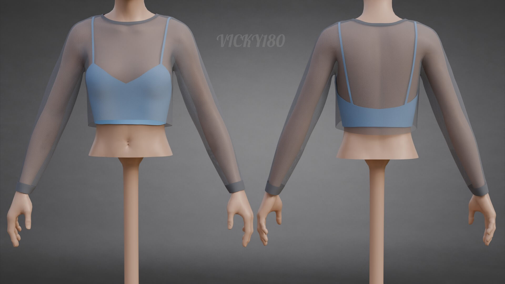 Two-Tone Mesh Crop Top &amp Cami Tank Top Sheer Clothing 3D Model