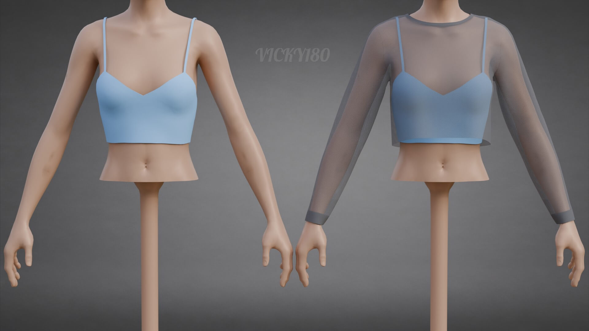 Two-Tone Mesh Crop Top & Cami Tank Top Sheer Clothing 3D Model